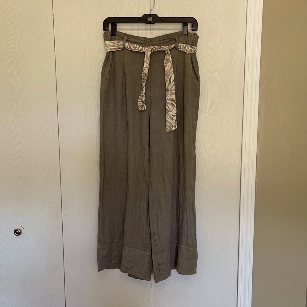 Bohemian women’s linen wide leg cropped belted large pants taupe